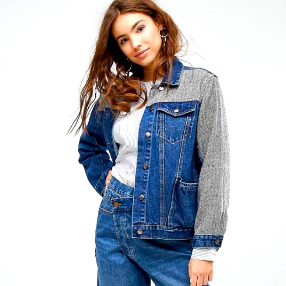 Anthropologie Evidnt LA‎ Denim Tweed Oversized Colorblock Jacket Sz XS-M